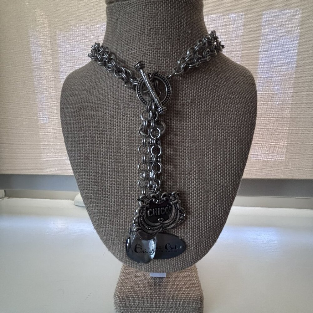 Chico’s Silver Tone Charm Necklace Key Crystal Cherub 13” Drop